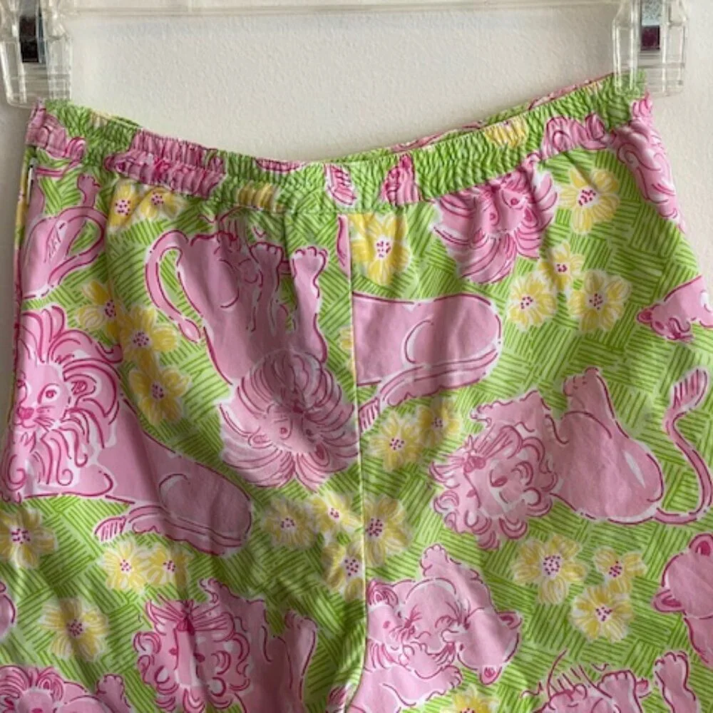 LILLY PULITZER Lion Cub Loungin' Lions  Pink Green Elastic Waist Pants G…